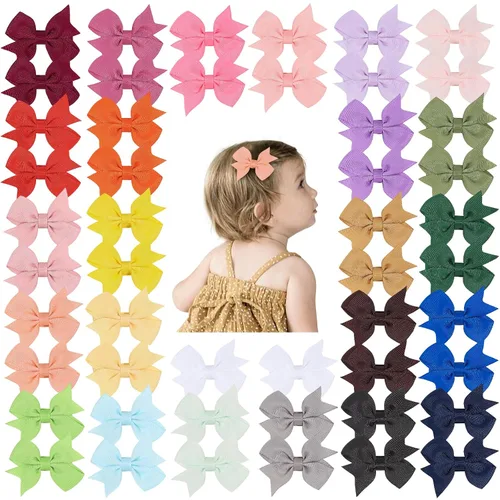 Vista 11 de 40 piezas de clips de lazos para el cabello de bebé de 2 pulgadas para niñas, cinta de grogrén totalmente forrada, clips para el cabello de bebés