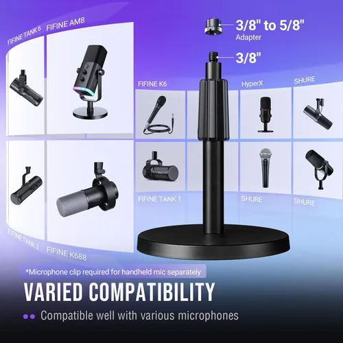 Vista 4 de FIFINE Soporte de micrófono de escritorio, soporte de micrófono de mesa ajustable de metal resistente con adaptador de tornillo macho de 5/8