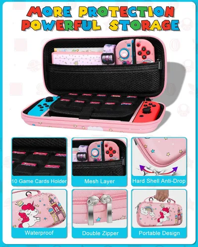 Vista 4 de 9in1 Unicorn Switch Oled Case for Nintendo Switch Oled Carrying Cases Girly Teens Protective Cover Dockable Skin+Thumb Grips+Game Holder+Shoulder