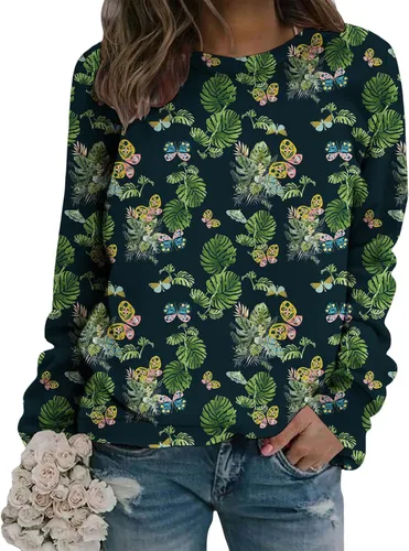 Vista 12 de Sudadera clásica de cuello redondo con patrón de flores boho para primavera y otoño, suave, cómoda, de inspiración retro, pieza de capas para mujer