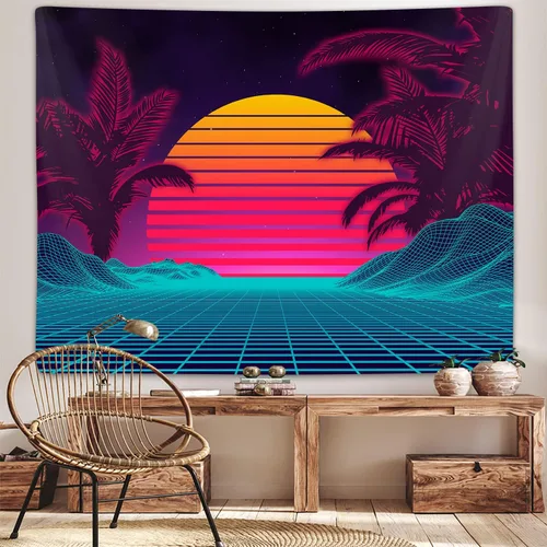 Vista 2 de Tapiz retro de onda de vapor de neón para el dormitorio de los hombres, tapices de arte de montaña trippy fresco para colgar en la pared