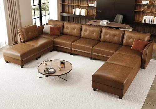Vista 15 de LLappuil Sofá modular de cuero marrón Sofá seccional con almacenamiento