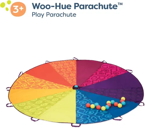 Vista 6 de B. toys ¡Paracaídas Woo-Hue! - Deportes al aire libre - Juega paracaídas con 15 bolas coloridas - 12 asas - Tienda de viento de 8 pies - Juegos al
