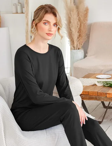 Vista 5 de Ekouaer Conjunto de pijama de manga larga para mujer, ropa de dormir con estampado de estrellas, pijamas suaves con bolsillos