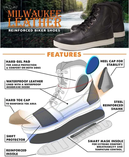 Vista 4 de Milwaukee Leather MBM9002 - Zapatos de cuero negro para hombre, calle reforzada, para motociclistas, con protección de cambio y soporte de tobillo