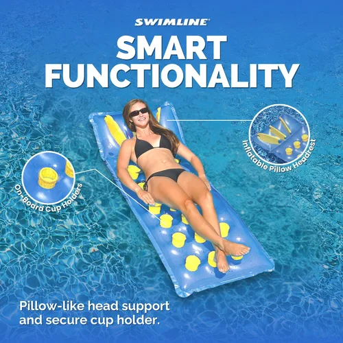Vista 4 de Swimline - Colchón inflable para piscina, con 18 bolsillos de aire (los colores pueden variar), color azul, 9035 Flotador de bolsillo azul