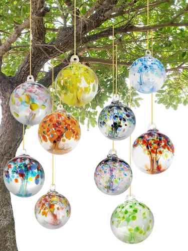 Vista 4 de Dale Tiffany Vidrio soplado a mano, 3 pulgadas de diámetro, color aguamarina, Colección Árbol de la Vida, Globo de Bruja Colgante para Jardín
