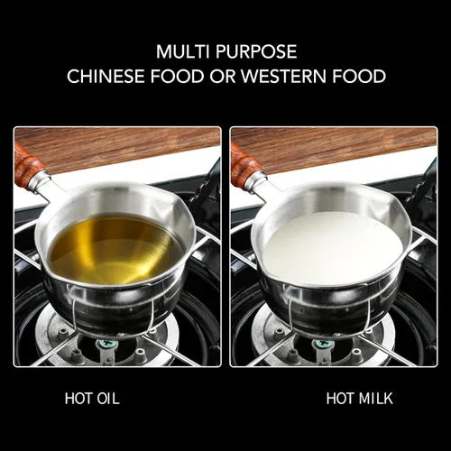 Vista 5 de Calentador de 3 capas de acero inoxidable multiusos para leche de chocolate hirviendo con mango de madera, calentador de leche, mini olla de leche