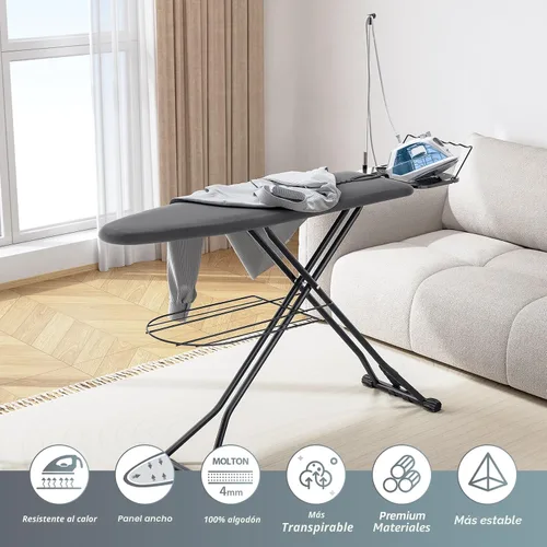 Vista 6 de KINGBOARD Tabla de planchar, tabla de planchar compacta de tamaño completo con cubierta extragruesa, soporte de 7 alturas ajustables con colgador