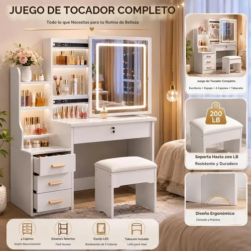 Vista 3 de Escritorio de tocador con espejo y luces, juego de tocador de maquillaje pequeño de 35 pulgadas con almacenamiento de espejo deslizante, 4 cajones