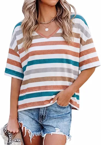Vista 28 de Cicy Bell Camisetas de verano con cuello en V para mujer, casuales, de manga corta, holgadas, lindas camisetas básicas Caqui