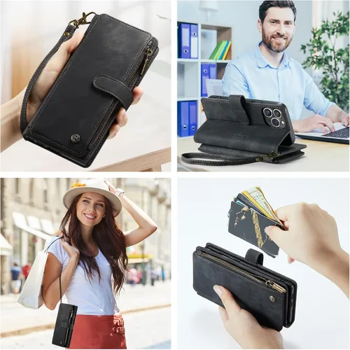 Vista 6 de CaseMe - Funda tipo cartera para iPhone 15 Pro Max, multifunción, hecha a mano, de piel sintética, con cremallera, a prueba de golpes, con cierre