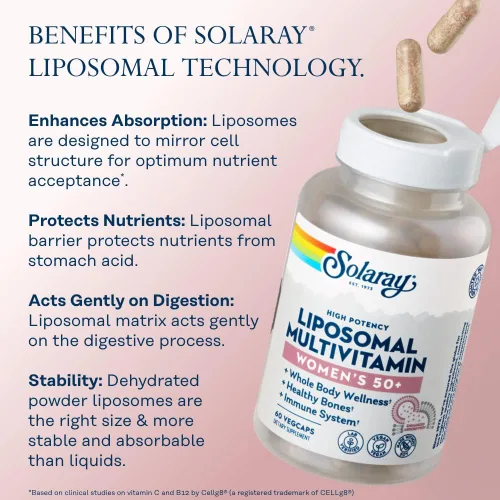 Vista 4 de SOLARAY Multivitamínico liposomal para mujeres 50 Plus, absorción mejorada con hierro, vitamina D, vitamina C, B12, biotina y más, apoyo