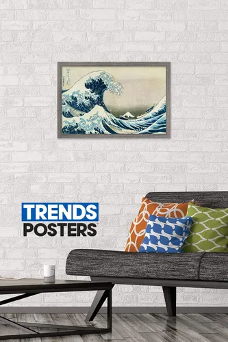 Vista 5 de Hokusai - Póster de pared The Great Wave Off Kanagawa, 22.4 pulgadas de largo x 14.7 pulgadas de ancho, versión enmarcada de madera de granero
