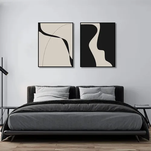 Vista 6 de BOKPEN Arte de pared de lienzo abstracto en blanco y negro, pinturas minimalistas de líneas, obras de arte, póster geométrico de mediados de siglo