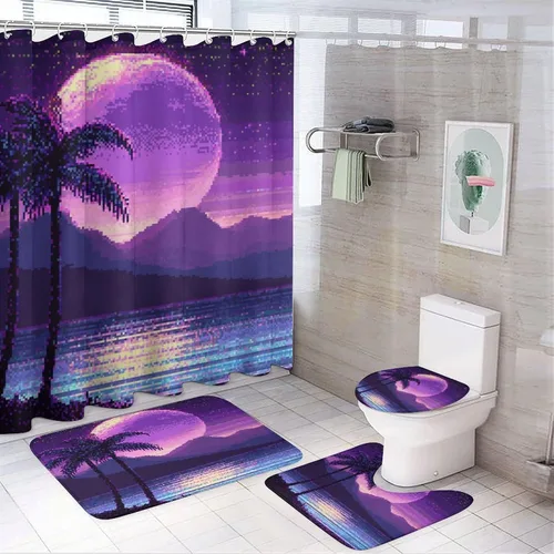 Vista 9 de 4 cortinas de ducha abstractas de los años 80 con diseño de hojas de palma, moderna ilustración de rejilla de neón Synthwave Anime juego de baño