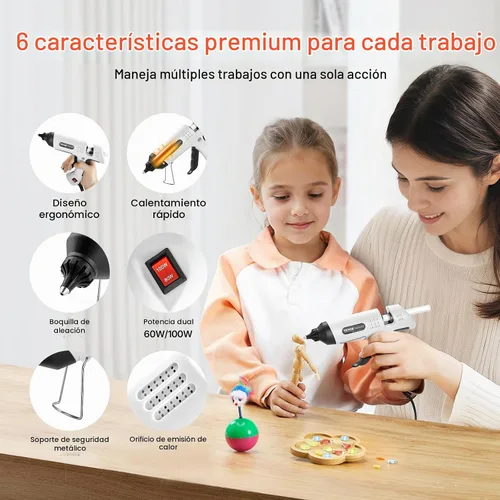 Vista 4 de VEVOR Pistola de pegamento caliente, 60/100 W de doble potencia, mini pistola de pegamento caliente con 20 barras de pegamento premium y bolsa