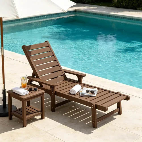 Vista 2 de Chaise Lounge, madera de polietileno, silla de salón al aire libre con respaldo ajustable, resistente a la intemperie, impermeable, a prueba