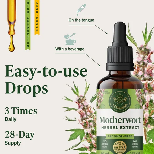 Vista 6 de HERBAMAMA Extracto líquido de Motherwort de 2 onzas líquidas, vegano, suplemento de hierbas orgánicas para apoyar la salud del corazón, la función