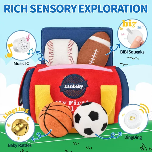 Vista 2 de Juguetes para Bebés Niños de 6-12 Meses – My First Sports Bag Juguetes Musicales para Bebés con 4 Pelotas Sensoriales – Baloncesto, Fútbol