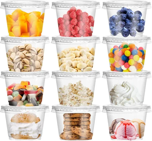 Vista 12 de Qinsihwn 100 Piezas Vasos de Plástico Desechables de 8 OZ con Tapas Planas, Vasos Transparentes de Porción con Tapas Planas, Recipientes de Plástico
