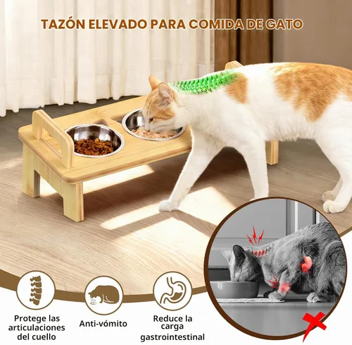 Vista 3 de Tazón Elevado de Comida para Gatos, 3 Cuencos Elevados de Acero Inoxidable para Gatos con Soporte, Cuenco Inclinado 15° para Perros Pequeños