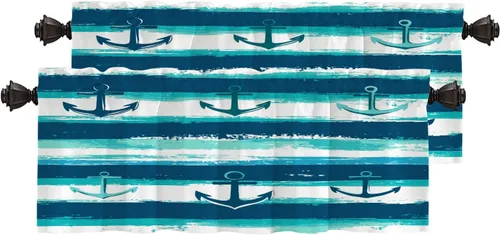 Vista 30 de Maritime Ocean Blackout Tier Curtains, Anchors Nautical Art Half Window Drapes for Kitchen with Rod Pocket,Room Darkening 2 Pack 26X24 Inches