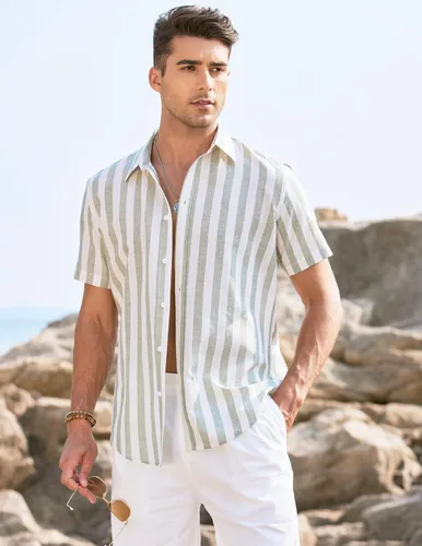 Vista 4 de COOFANDY Camisas casuales de lino de manga corta con botones para hombre