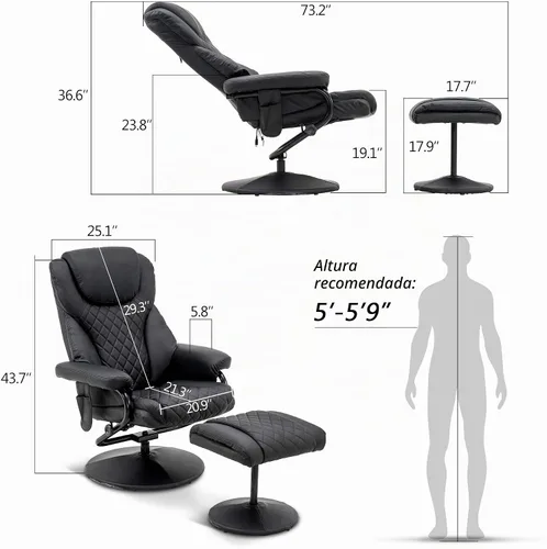 Vista 3 de Mcombo Sillón reclinable con otomano, silla reclinable con masaje, silla giratoria de 360 grados para sala de estar de piel sintética, 4901 (Negro)
