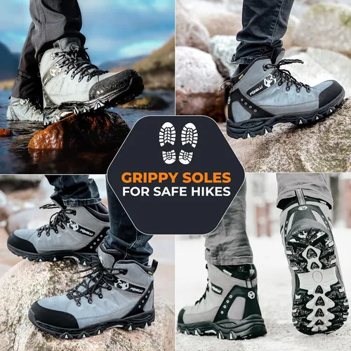 Vista 5 de Foxelli Botas de senderismo para hombre, impermeables, transpirables y ligeras, botas de senderismo de piel de ante para hombre