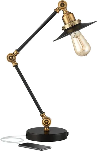 Vista 2 de 360 Lighting Gilmore - Lámpara de escritorio pequeña de 20 pulgadas, USB, ajustable, color negro y dorado rústico Puertos USB A+C Carga Industrial