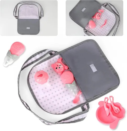 Vista 6 de deAO Muñeca de bebé, cochecito de cuna, cama de guardería, juego de rol, muñeca de bebé con accesorios y alfombra de juego, cuna de viaje, saltador