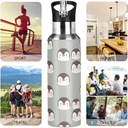 Vista 5 de Cute Penguins Face Gray Insulated Stainless Steel Water Bottle with Straw 20 Oz, BPA-Free Sport Water Bottle Insulated Leakproof Water Bottles