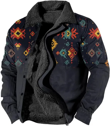 Vista 25 de LOAIHA Chaqueta de invierno para hombre, chaqueta azteca occidental para hombre, con cremallera, forro polar cálido, chaqueta vaquera, étnica vintage
