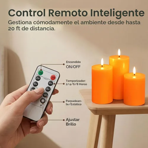 Vista 2 de Eywamage Velas de pilar sin llama de otoño naranja con control remoto, velas LED parpadeantes de cera de Acción de Gracias, funciona