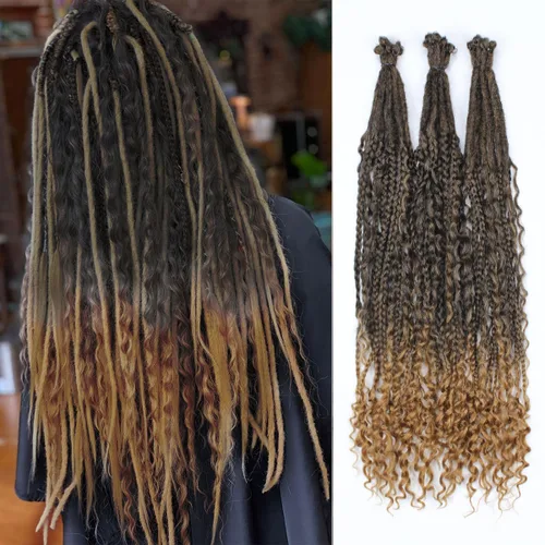 Vista 18 de Extensiones de rastas trenzadas bohemias de 24 pulgadas, 10 hebras de rastas sintéticas rizadas color marrón degradado con trenza de caja, rastas