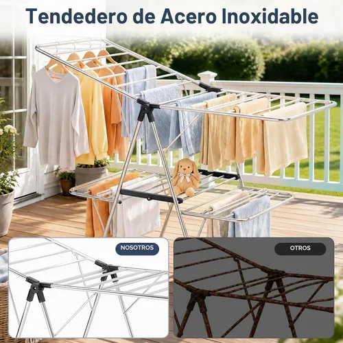 Vista 4 de Estante de secado de ropa plegable de 2 niveles de acero inoxidable, altura Negro oscuro