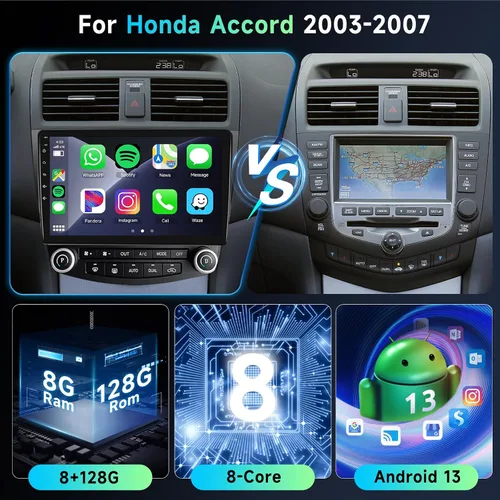 Vista 2 de Podofo 8 Core 8G+128G Android Radio de coche estéreo para Honda Accord 7th 2003-2007 con Carplay inalámbrico Android Auto, pantalla táctil QLED