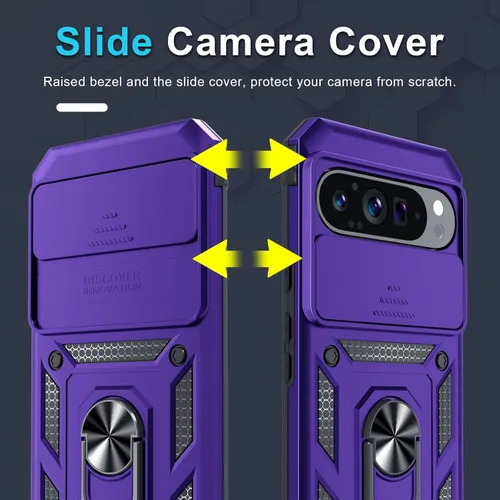 Vista 3 de Janmitta - Funda compatible con Google Pixel 9 Pro XL con cubierta deslizante para lente de cámara incorporada + protector de pantalla + soporte