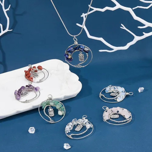 Vista 5 de SUPERFINDINGS Dijes colgantes de aleación, colgante de árbol de la vida, alambre de cobre, colgante de cuentas de piedras preciosas de cristal