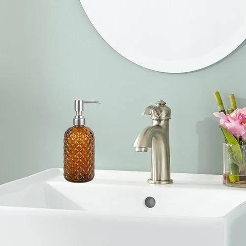 Vista 2 de Dispensador de jabón de vidrio con patrón de diamante de 16 onzas, dispensador de jabón recargable para cocina y baño, con bomba de acero inoxidable