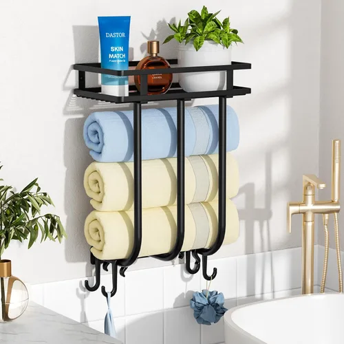 Vista 2 de Toalleros para baño, toallero montado en la pared con estante de metal y 4 ganchos para colgar, estante de toallas para baño pequeño, puede contener