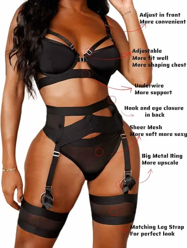 Vista 2 de Aranmei Conjunto de lencería sexy con tiras para mujer, conjuntos de lencería push up con liga de 4 piezas