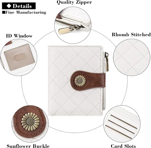 Vista 4 de FALAN MULE Billetera pequeña para mujer, plegable, con bloqueo RFID, portatarjetas de piel con bolsillo con cremallera para monedas Blanco/Marrón
