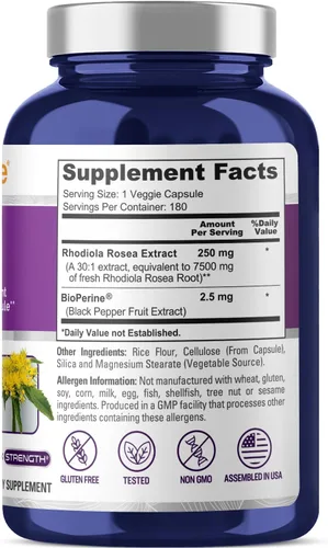Vista 5 de NusaPure Rhodiola Rosea 7,500 mg 180 cápsulas vegetales (sin OMG, extracto 30:1, vegetariano/vegano y sin gluten) con bioperina