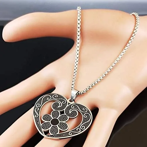 Vista 4 de KINSPORT Flower Heart Stainless Steel Statement Necklace for Women Black Enamel Necklaces Jewelry Bisuteria