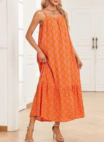 Vista 4 de Dokotoo Vestidos de verano para mujer 2024 con tirantes delgados, cuello redondo, fruncido y volantes, vestido largo bohemio
