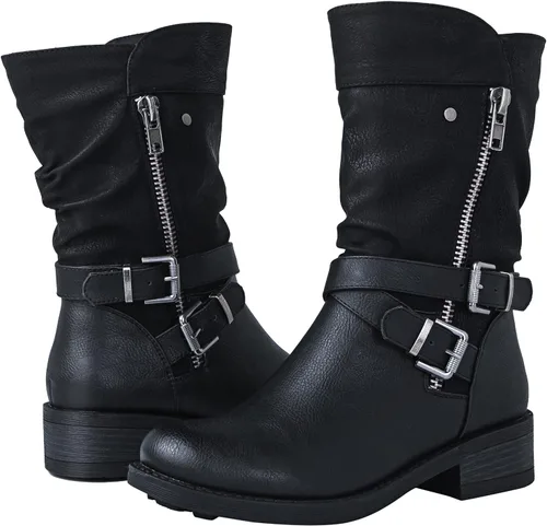 Vista 2 de GLOBALWIN Botas de motociclista de moda de otoño para mujer, botas de media pantorrilla para mujer, tacón bajo