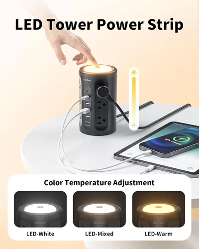 Vista 4 de Torre de tira de alimentación AnnTane con luz nocturna, tira de alimentación con protector de sobretensiones y puertos USB, cable de extensión de 10