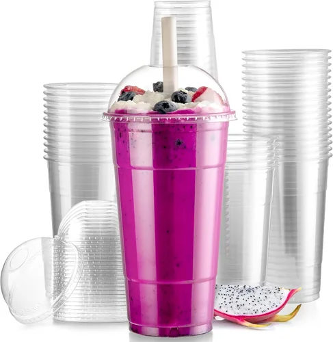 Vista 10 de Fit Meal Prep Paquete de 50 unidades de 12 oz Tazas de café desechables de plástico con tapas en forma de domo, tazas de café para llevar con tapas